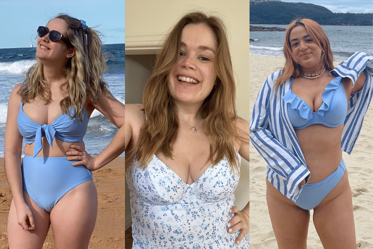 3 women with bigger busts try the same swimwear range.