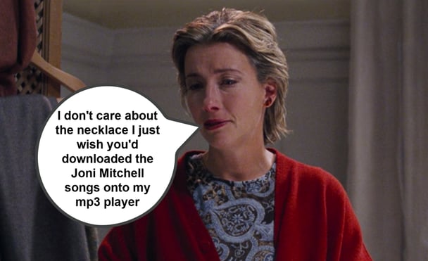 Emma Thompson crying in the iconic Love Actually scene when she finds out her husband is cheating.