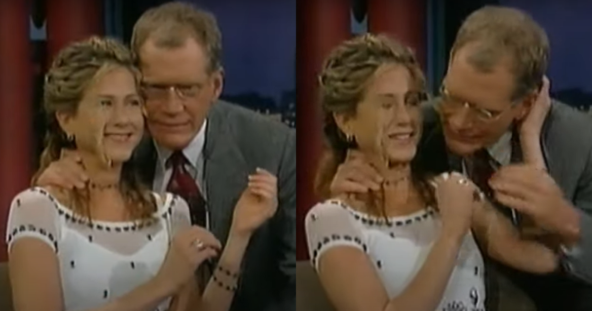 Jennifer Aniston appeared on The David Letterman Show in 1998. He sucked her hair on live TV. Jennifer Aniston appeared on The David Letterman Show in 1998. He sucked her hair on live TV.