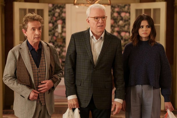 Martin Short, Steve Martin and Selena Gomez in a scene in Only Murders In The Building.