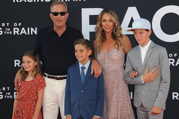 Grace Costner, Kevin Costner, Hayes Costner, Christine Baumgartner, and Cayden Costner in 2019.