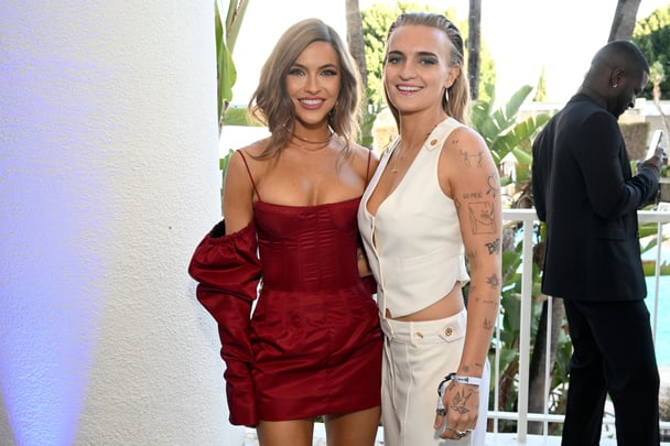 chrishell-stause-red-dress-g-flip-white-suit
