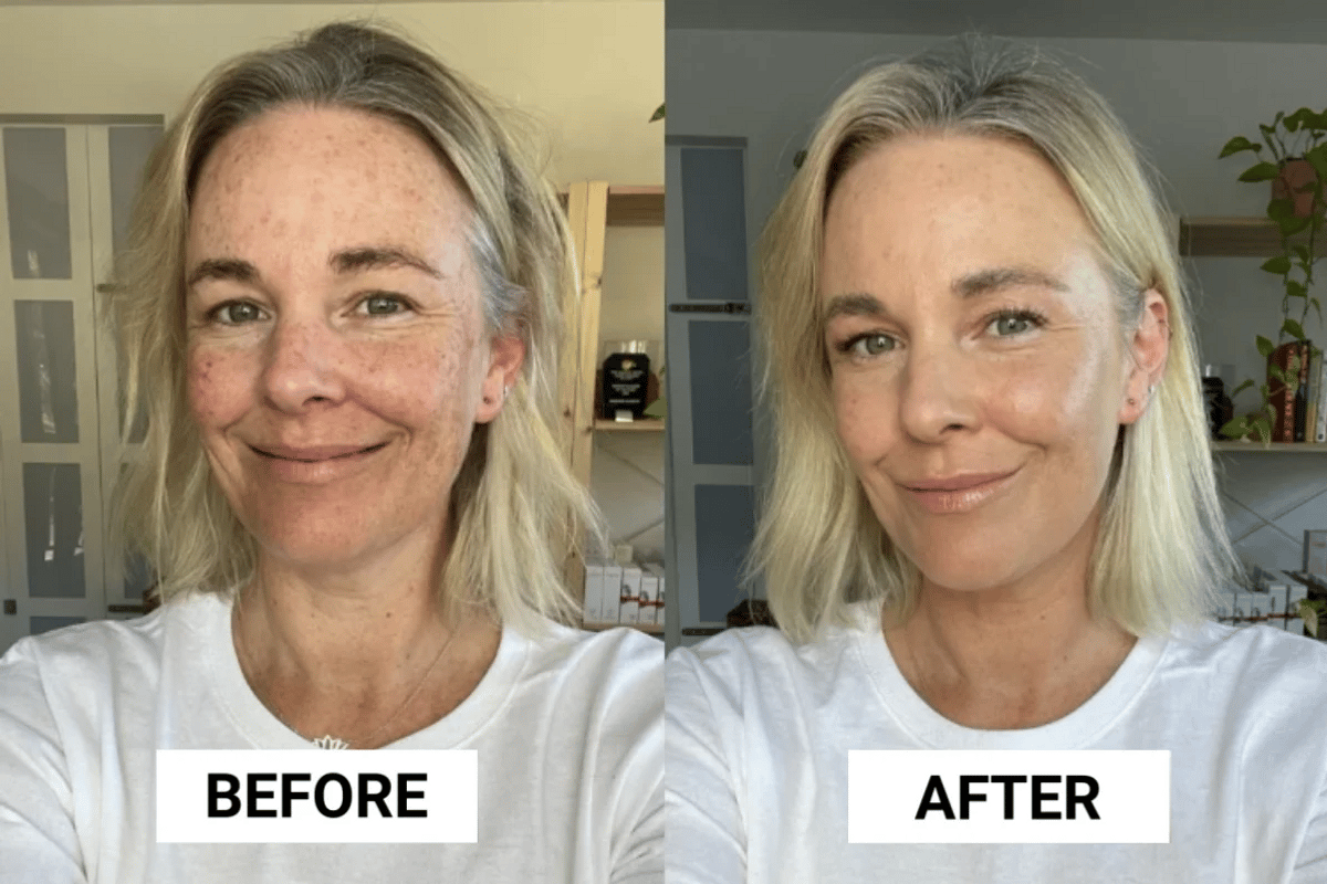 Image of blonde woman before and after applying Giorgio Armani Luminous Silk Foundation.