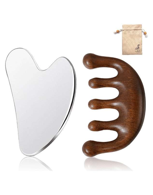 Stainless Steel Gua Sha Facial Tool & Wooden Scalp Massager Comb Set