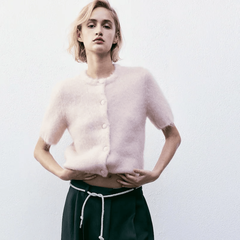 woman wearing soft knit short cardigan from H&M
