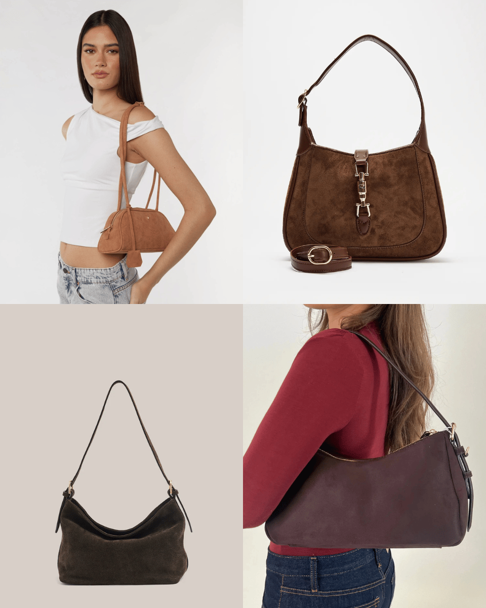 Brown Seude bags PETA AND JAIN Rose Bowler Bag, Glassons Faux Suede Buckle Shoulder Bag, Vestirsi Eden Dark Chocolate Suede Shoulder Bag, Bronze Snake Allegra Shoulder Bag Chocolate Suede.