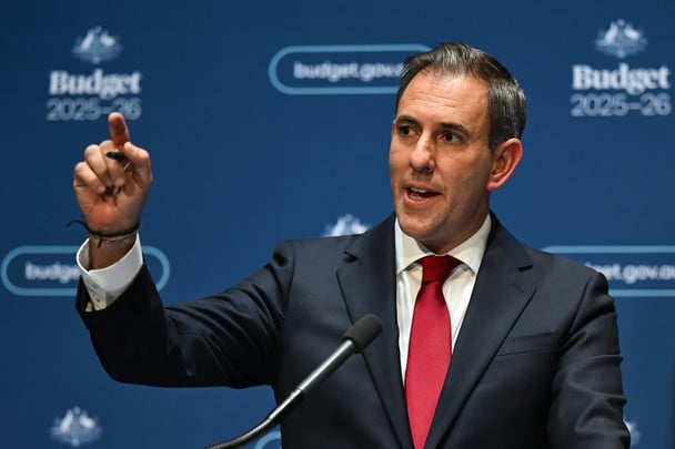 Australian Treasurer Jim Chalmers during a press conference inside the 2025 Budget lockup at Parliament House.