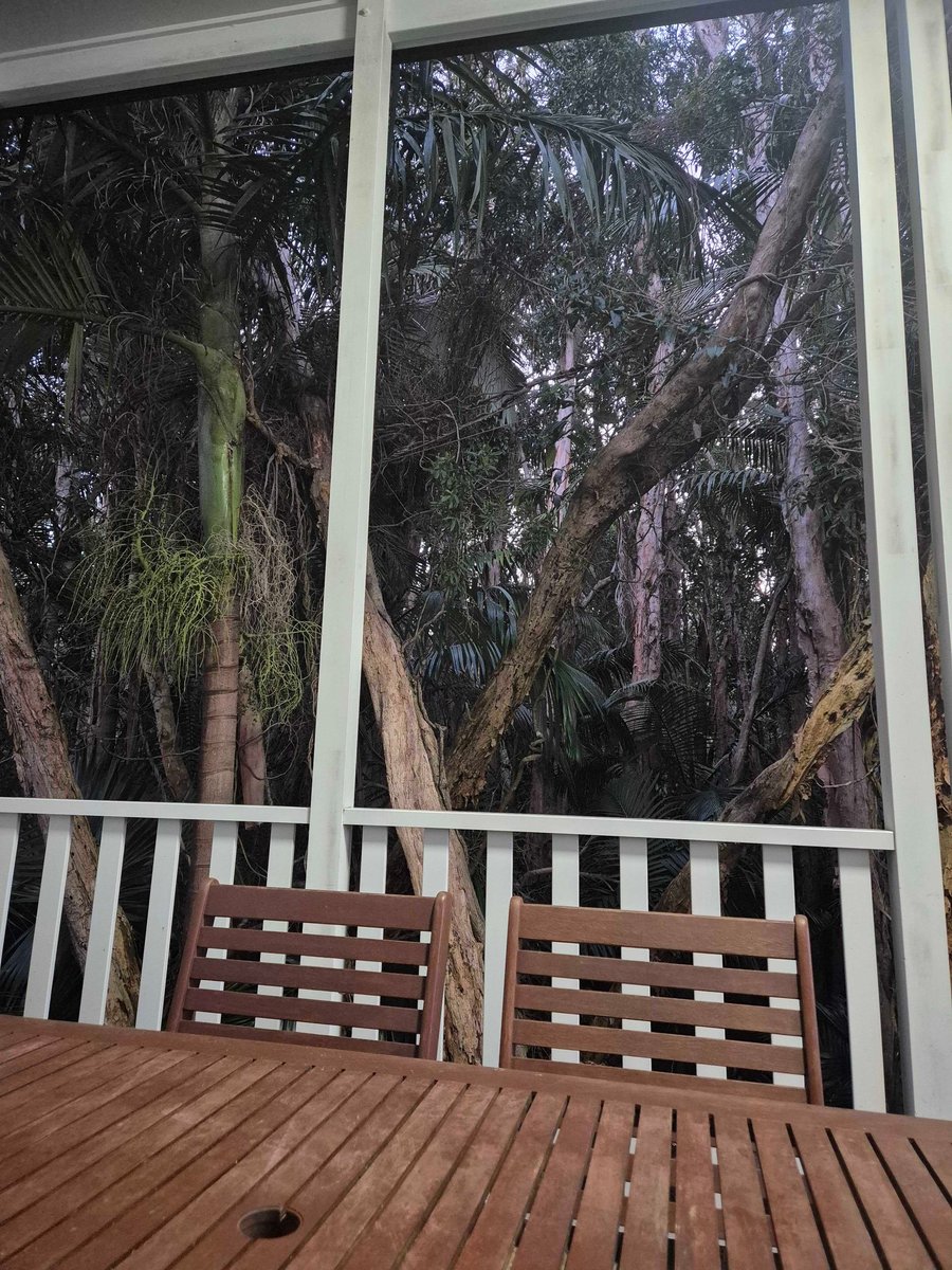 Outdoor dining area with forest views at family cabin.