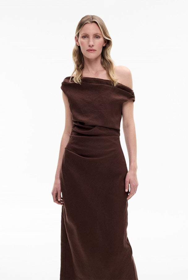 Chocolate brown off shoulder dress.