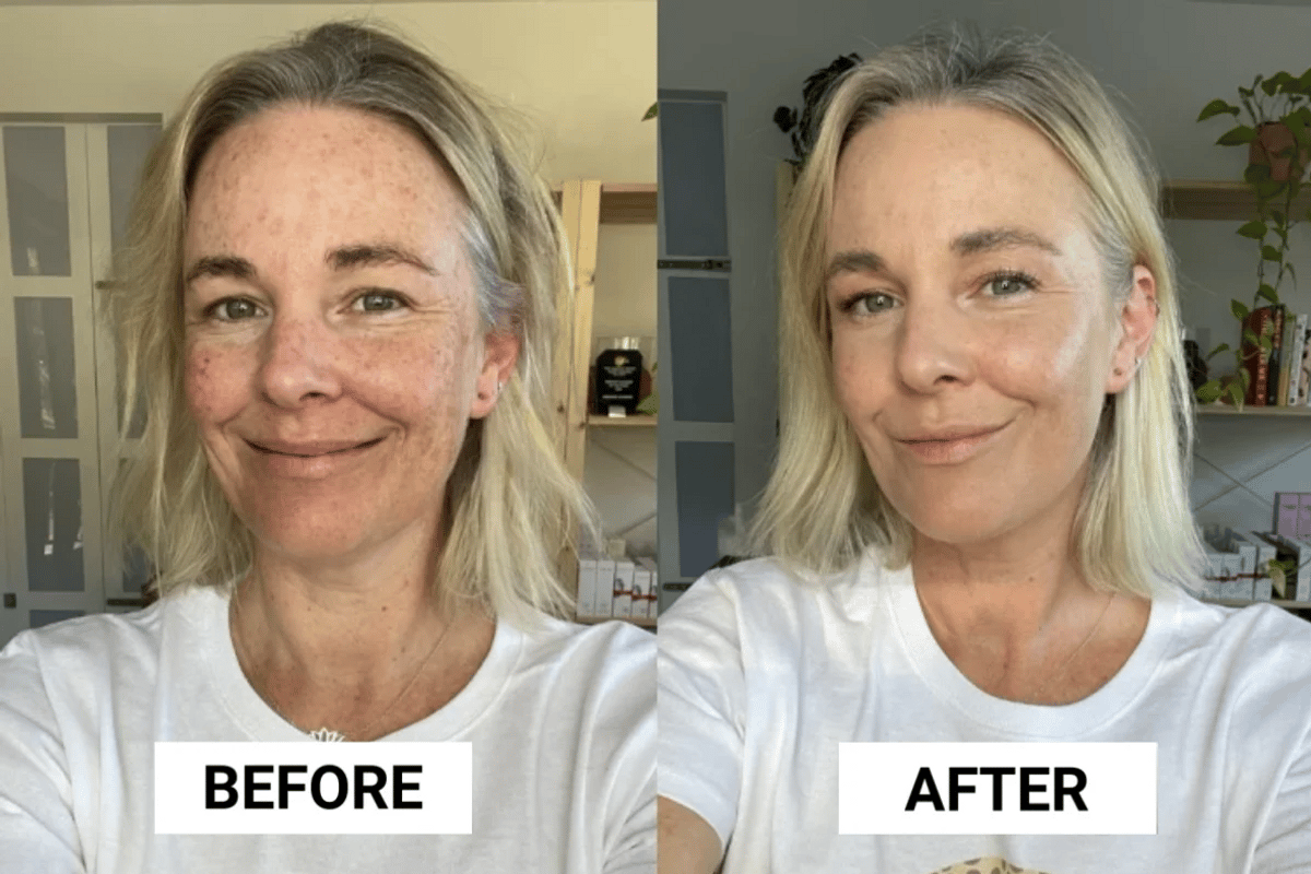 Image of blonde woman before and after applying Designer Brands Hydrating Luminous Foundation.