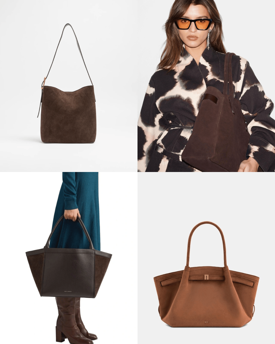 Image of brown seude work bags Target Premium Suede Leather Bucket Tote Bag - Chocolate, & Other Stories Suede Tote Bag, David Lawrence Jame Suede Leather Tote Bag in Brown, JW PEI hana medium faux suede tote bag.