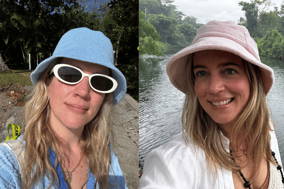 woman wearing blue and pink bucket hats 