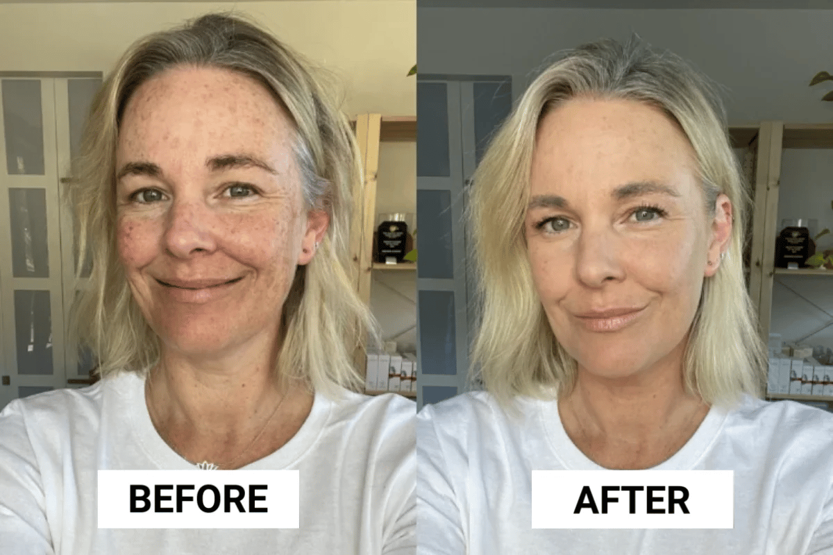 Image of blonde woman before and after applying Nude by Nature Mineral Cover Foundation.