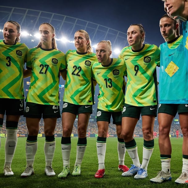 Some Matildas soccer players in a huddle on a stadium field before gameplay.
