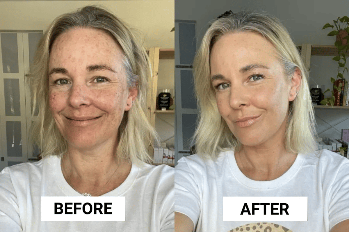 Image of blonde woman before and after applying Maybelline Fit Me Dewy + Smooth Foundation.