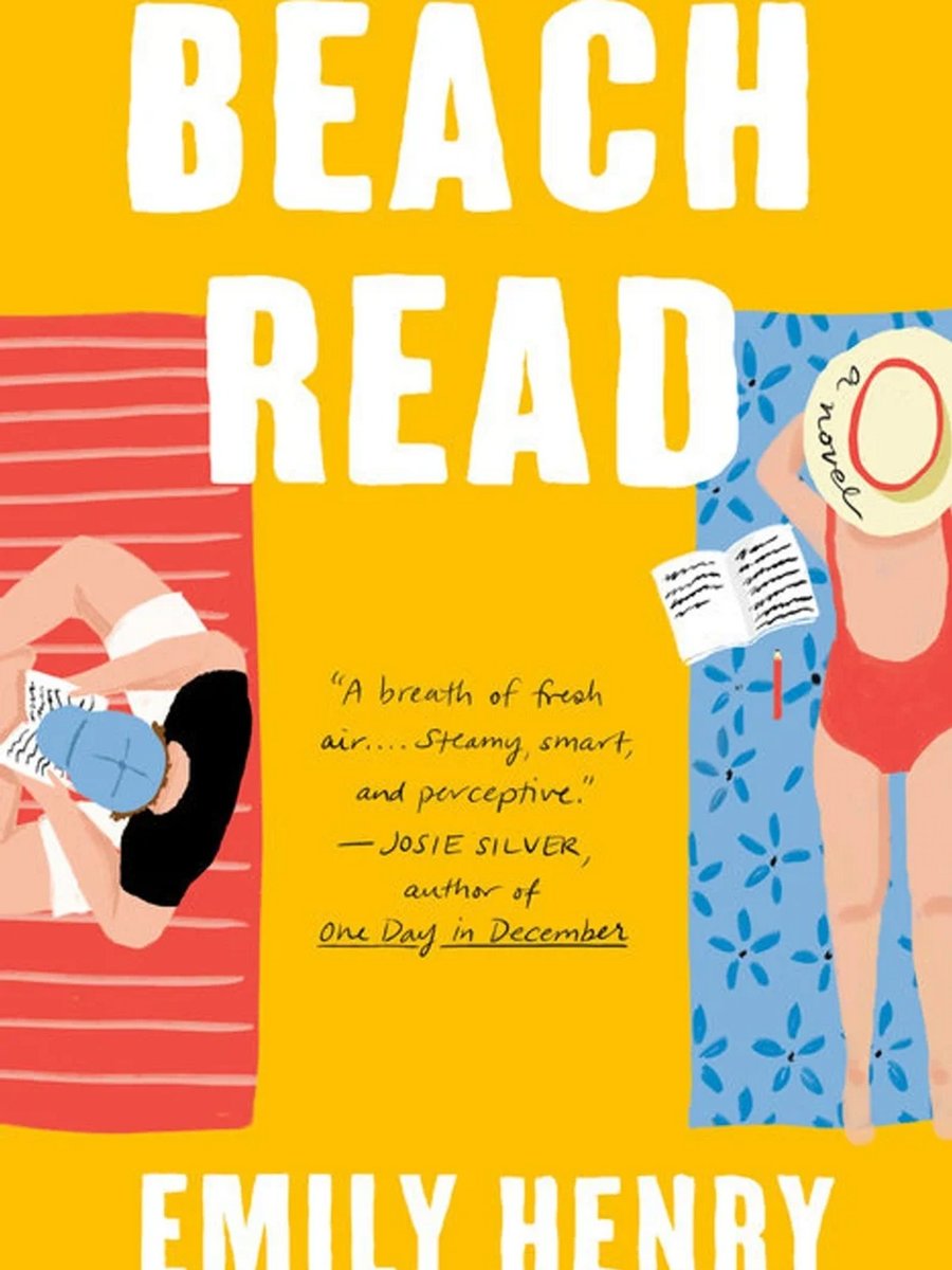 A book cover showing an illustration of a man and a woman lying on beach towels and reading. 