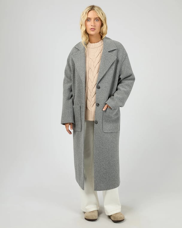 A full-length, relaxed-fit grey coat with classic lapels and front pockets.