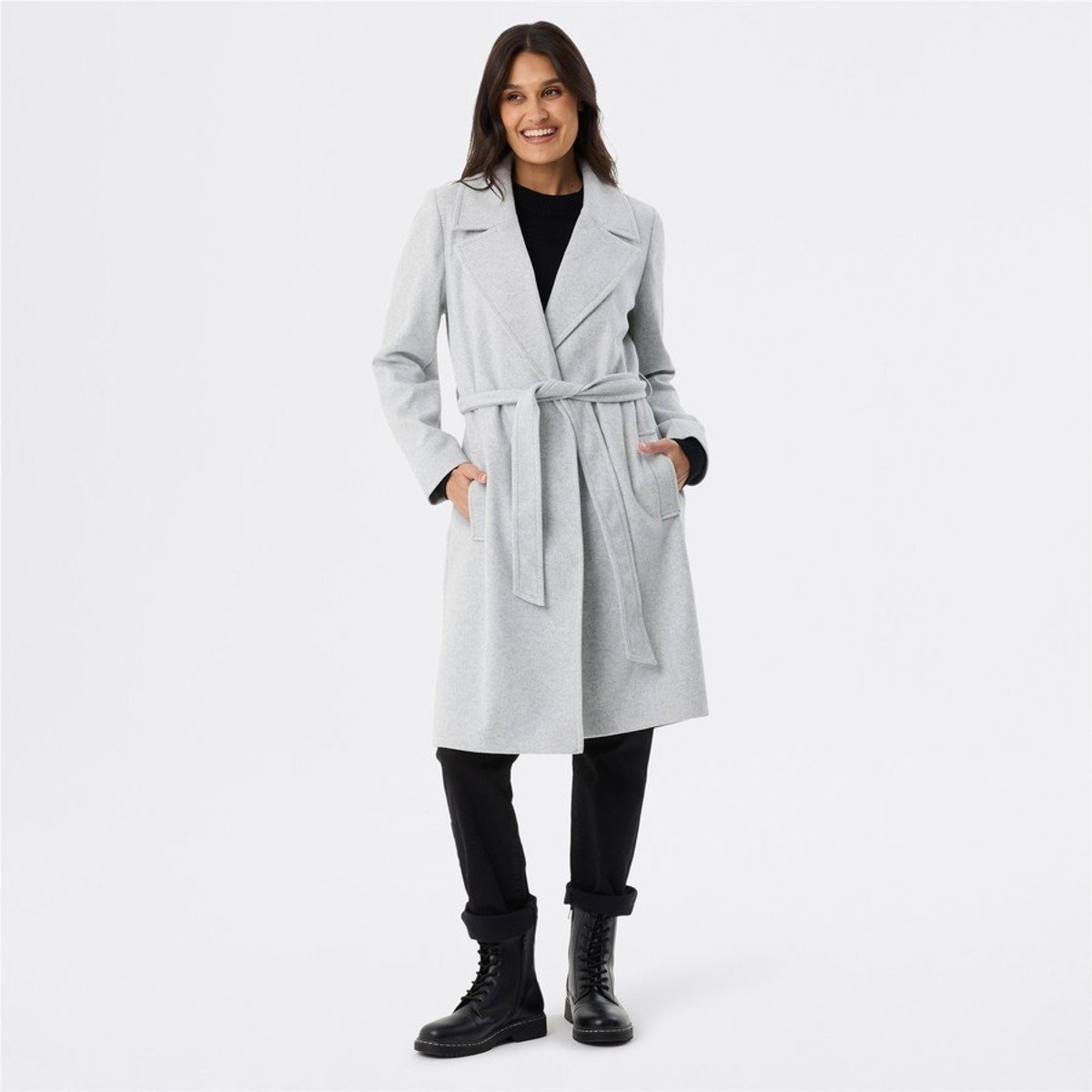 woman wearing tie waist smart coat from &me