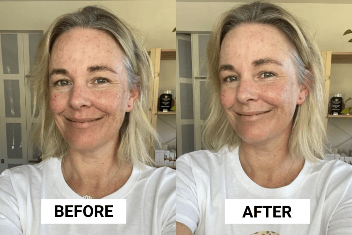 Image of blonde woman before and after applying Ella Bache Superfluid Great SPF50+ Skin Tint.