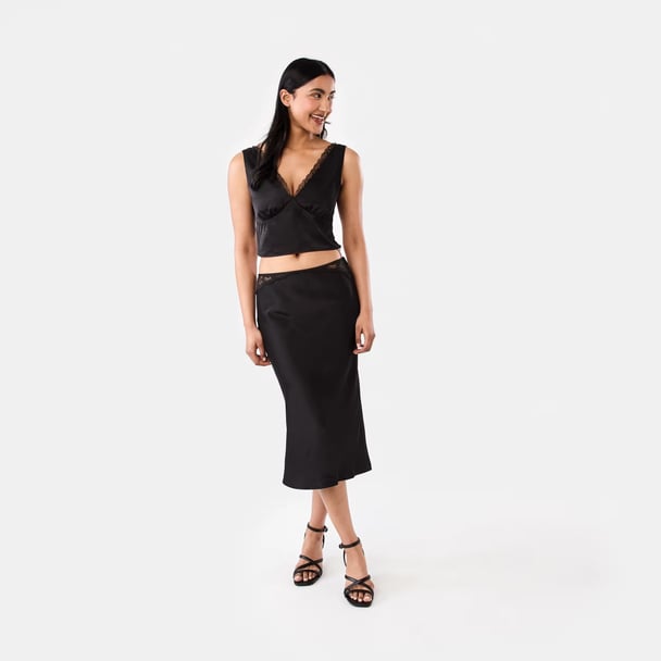 Satin midi skirt with lace trim detail in black