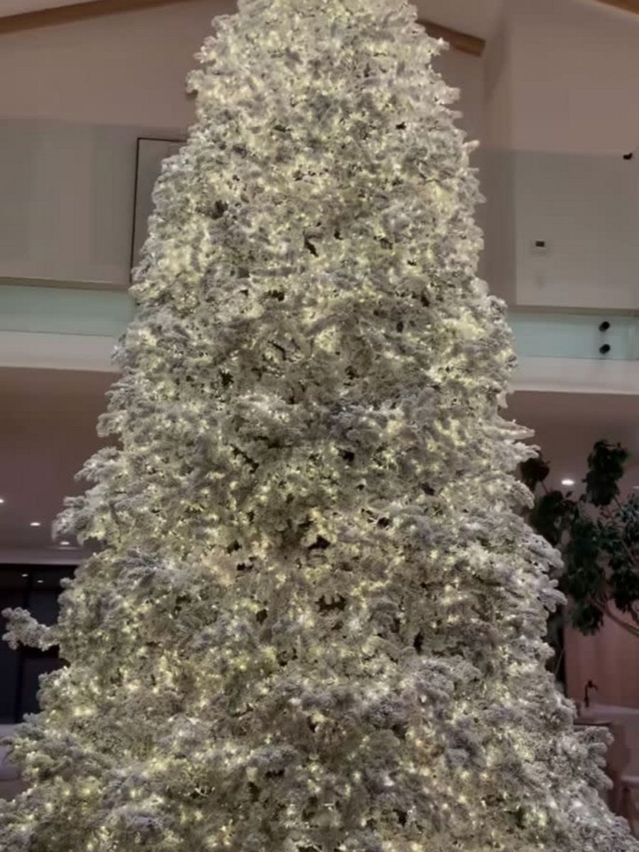 A huge Christmas tree with white, snow-like dusting on top. 