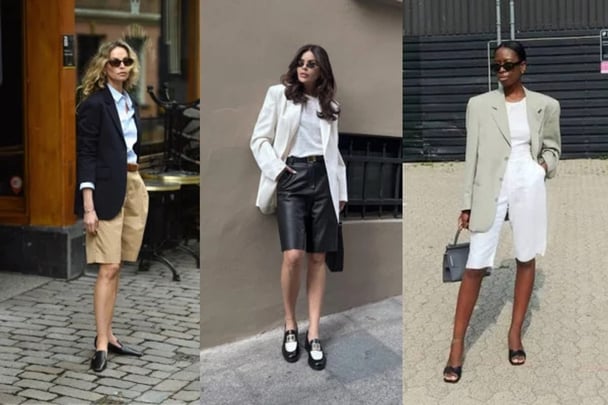 Three women wearing Bermuda shorts.