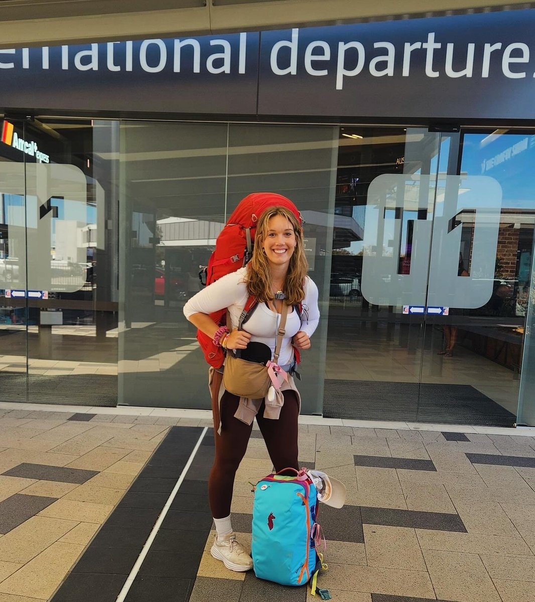Sarah pictured outside the airport.