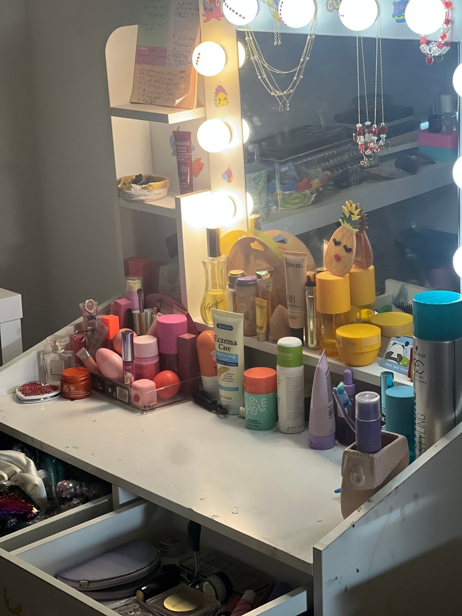A collection of makeup on a dresser.