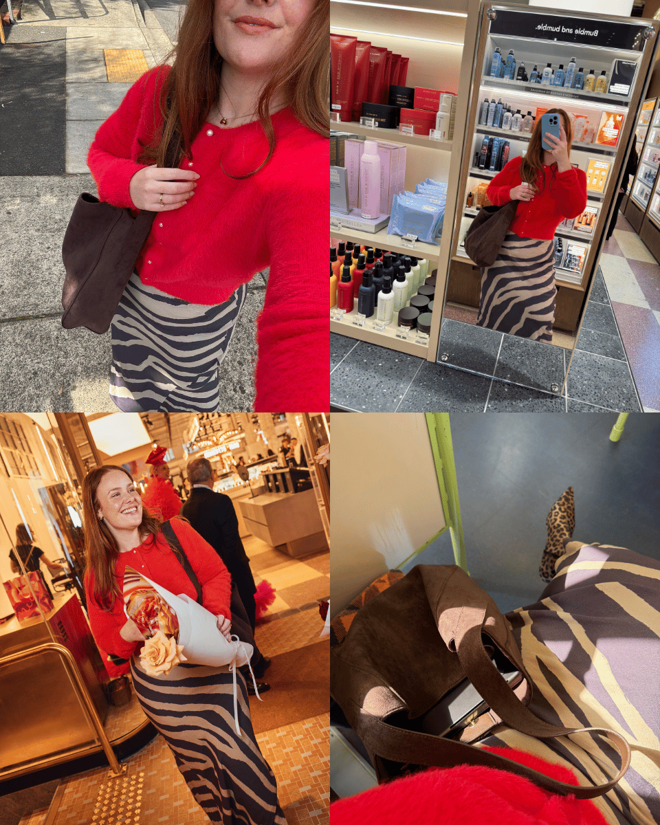 Image of Amy Clark with brown suede bag.