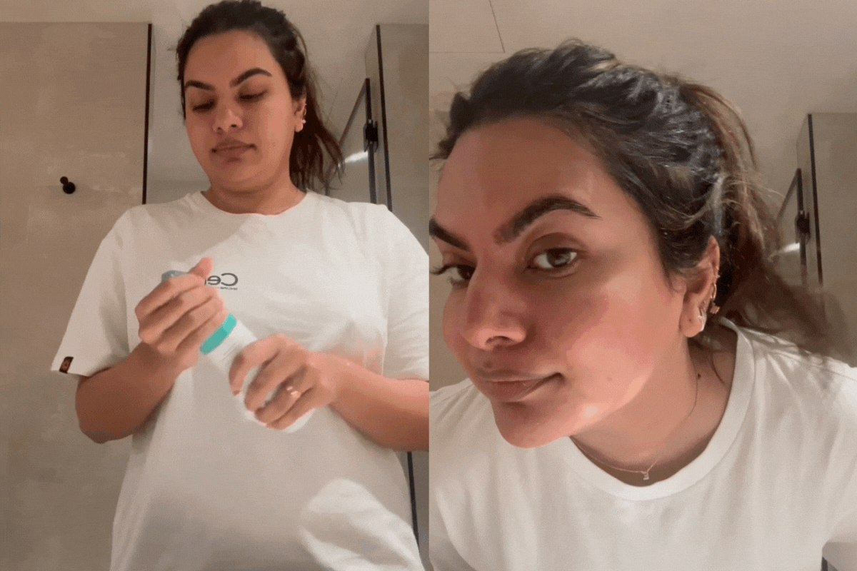 woman applying cerave air foam cleanser
