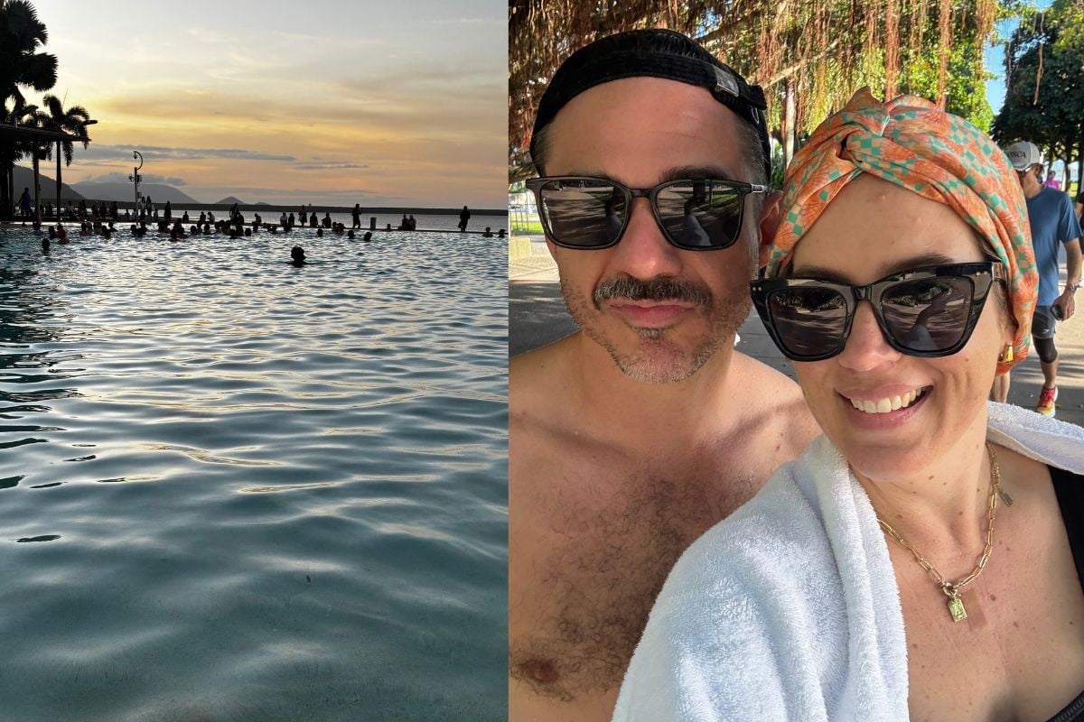 Cairns Esplanade Lagoon side by side man and woman after swimming 