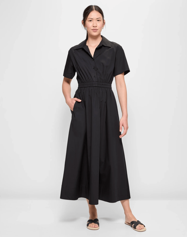 black cotton shirt dress midi length button-down dress office wear dress