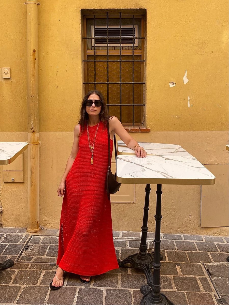 Writer styles jelly thongs with a maxi-dress.
