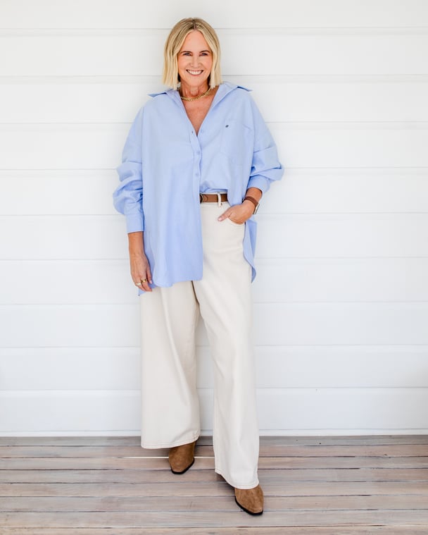 Content Creator and writer Nikki Parkinson wears longsleeves and wide leg pants