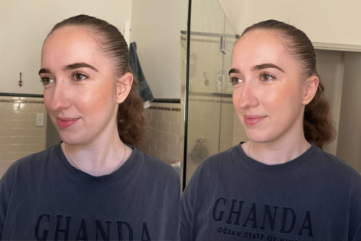 Two images in one of a young woman wearing a black t-shirt with her makeup done and hair tied back. 