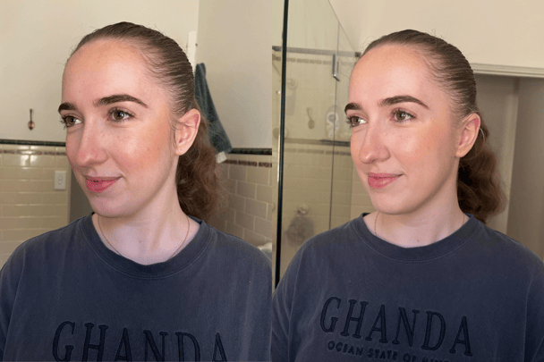 Two images in one of a young woman wearing a black t-shirt with her makeup done and hair tied back. 