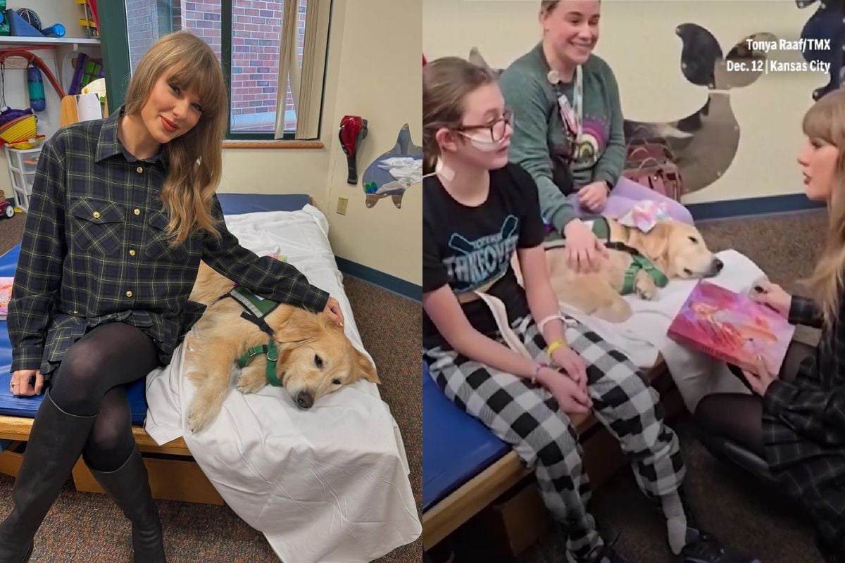 taylor-swift-in-a-plaid-shirt-at-childrens-hospital-with-golden-retriever-young-girl-and-mum