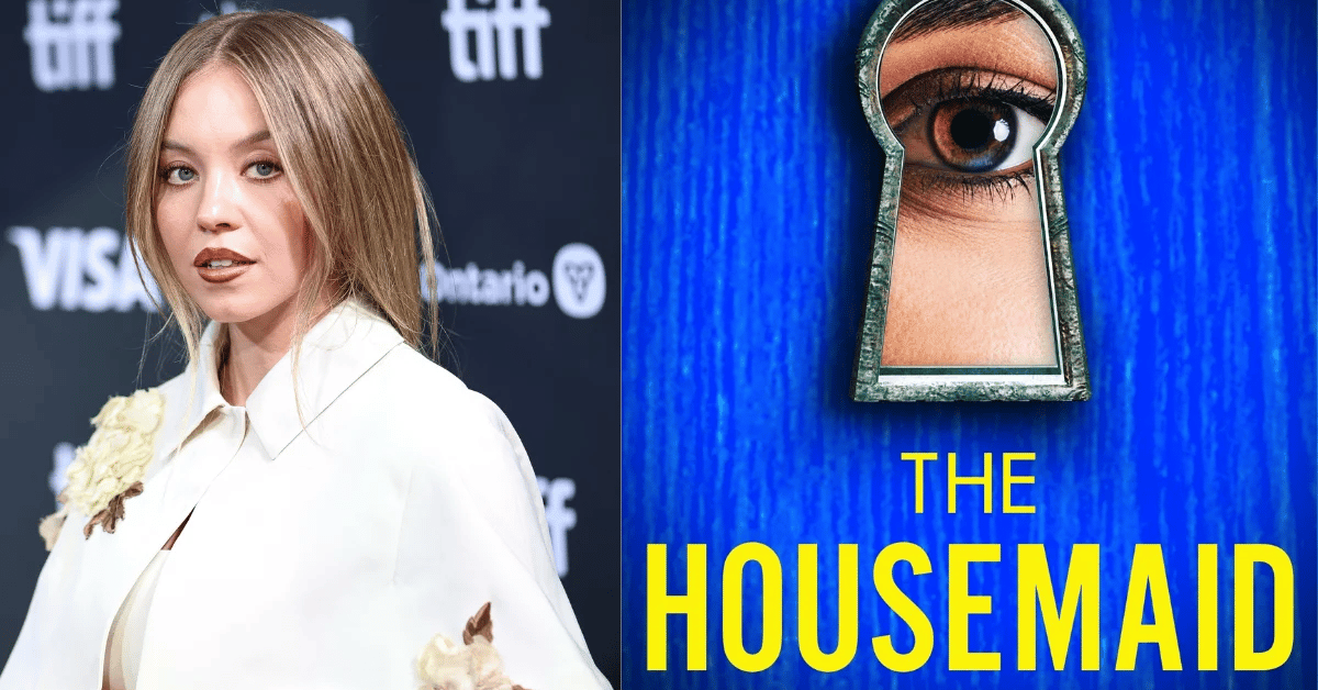 A side by side image of Sydney Sweeney and the cover of The Housemaid.