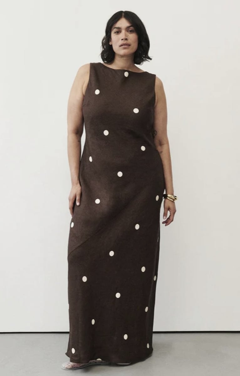 brown and white polkadot dress from DISSH