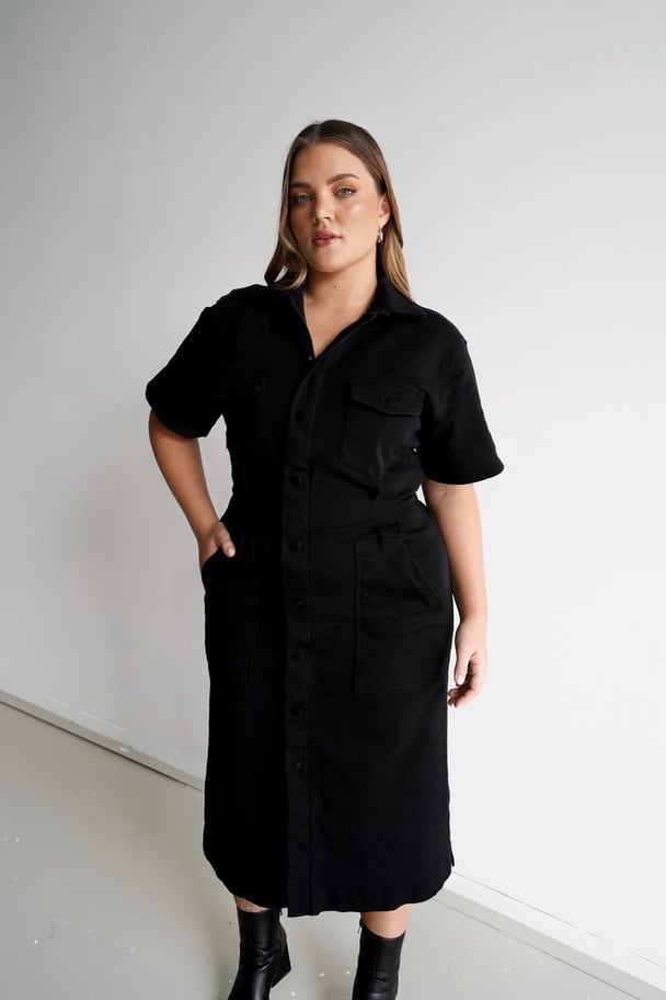 Ultra stretchy denim material midi dress in black