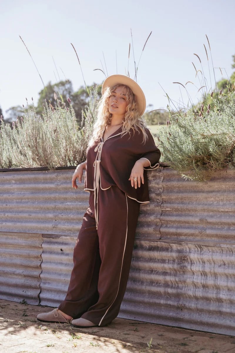 tie top and high waisted pants in brown from Petal & Pup