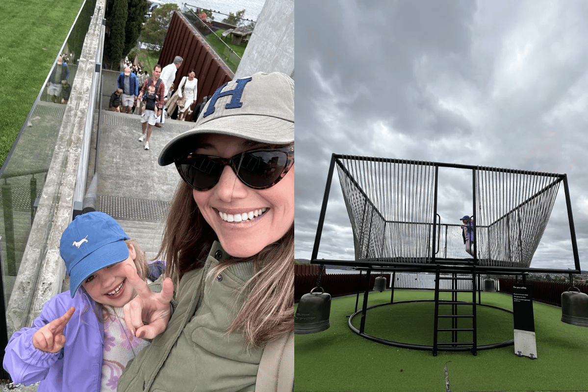 A mum with her daughter visiting The Trampoline by Chen Zhen at the Museum of Old and New Art (MONA) in Hobart.