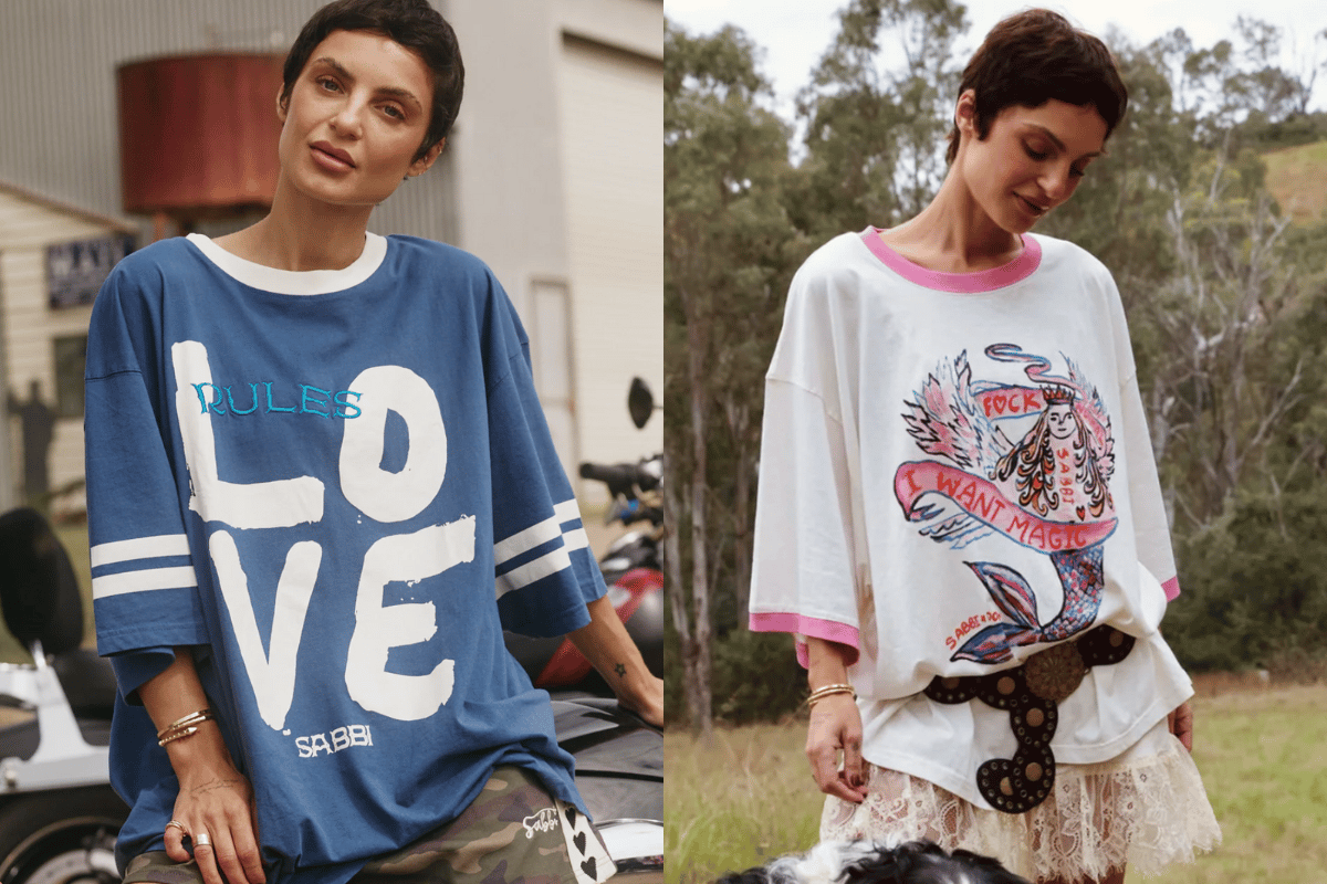 blue oversized graphic tee, white and pink ovesized graphic tee australia