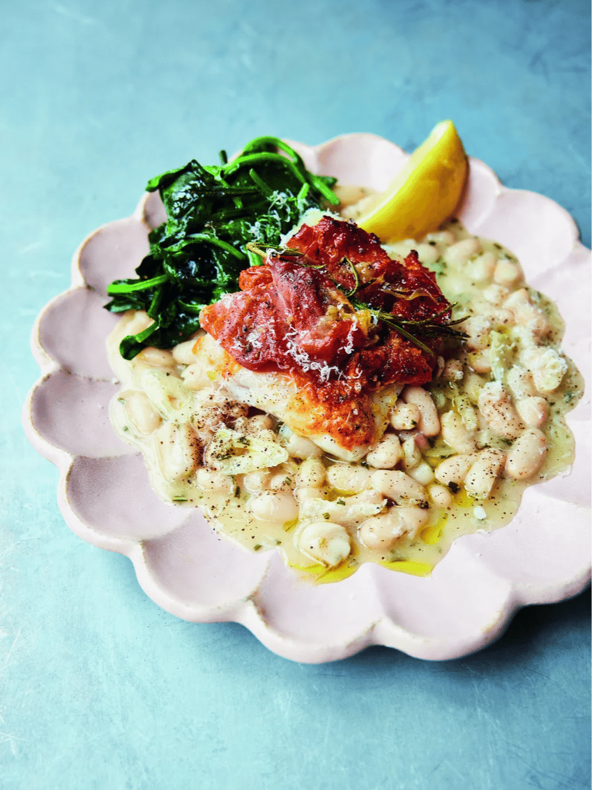 prosciutto baked fish & garlicky beans