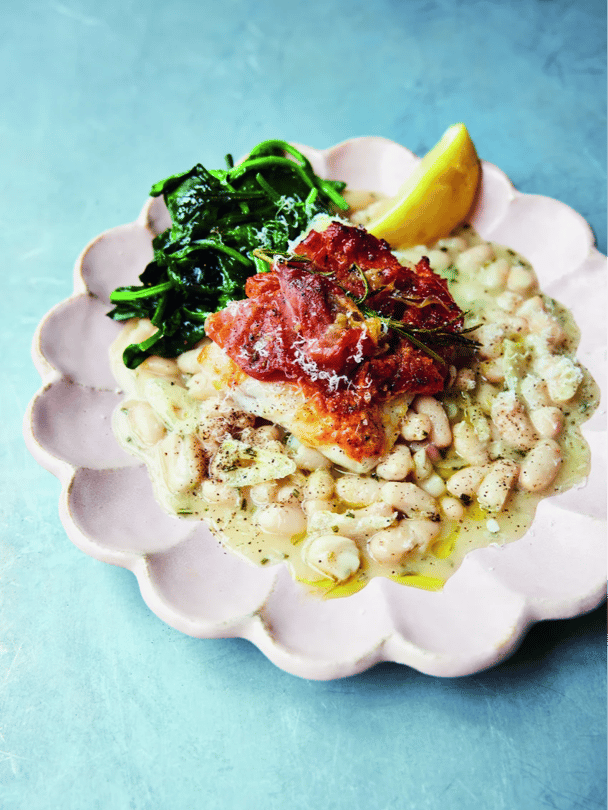 prosciutto baked fish & garlicky beans