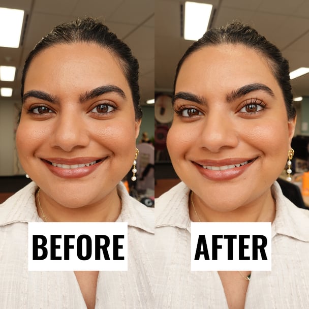 Before and After shot of me wearing The Ordinary Lash Curl Finisher.