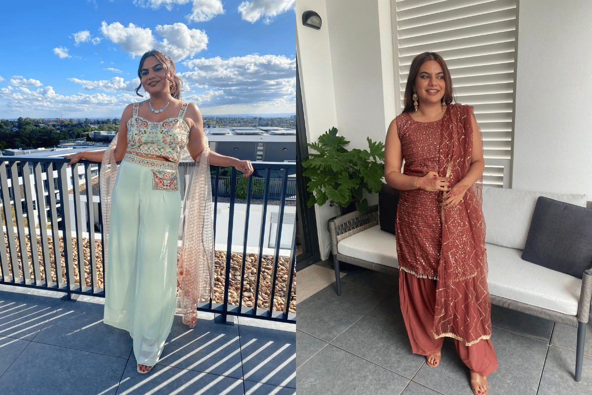 My outfits for the Mehndi (left) and Haldi (right).