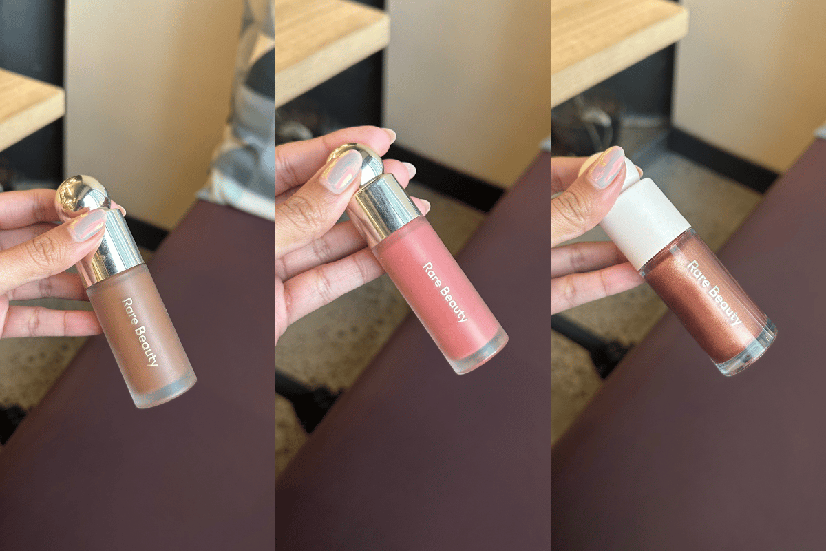 Rare Beauty Liquid Contour in Serene, Liquid Blush in Worth, Liquid Luminizer in Reflect.
