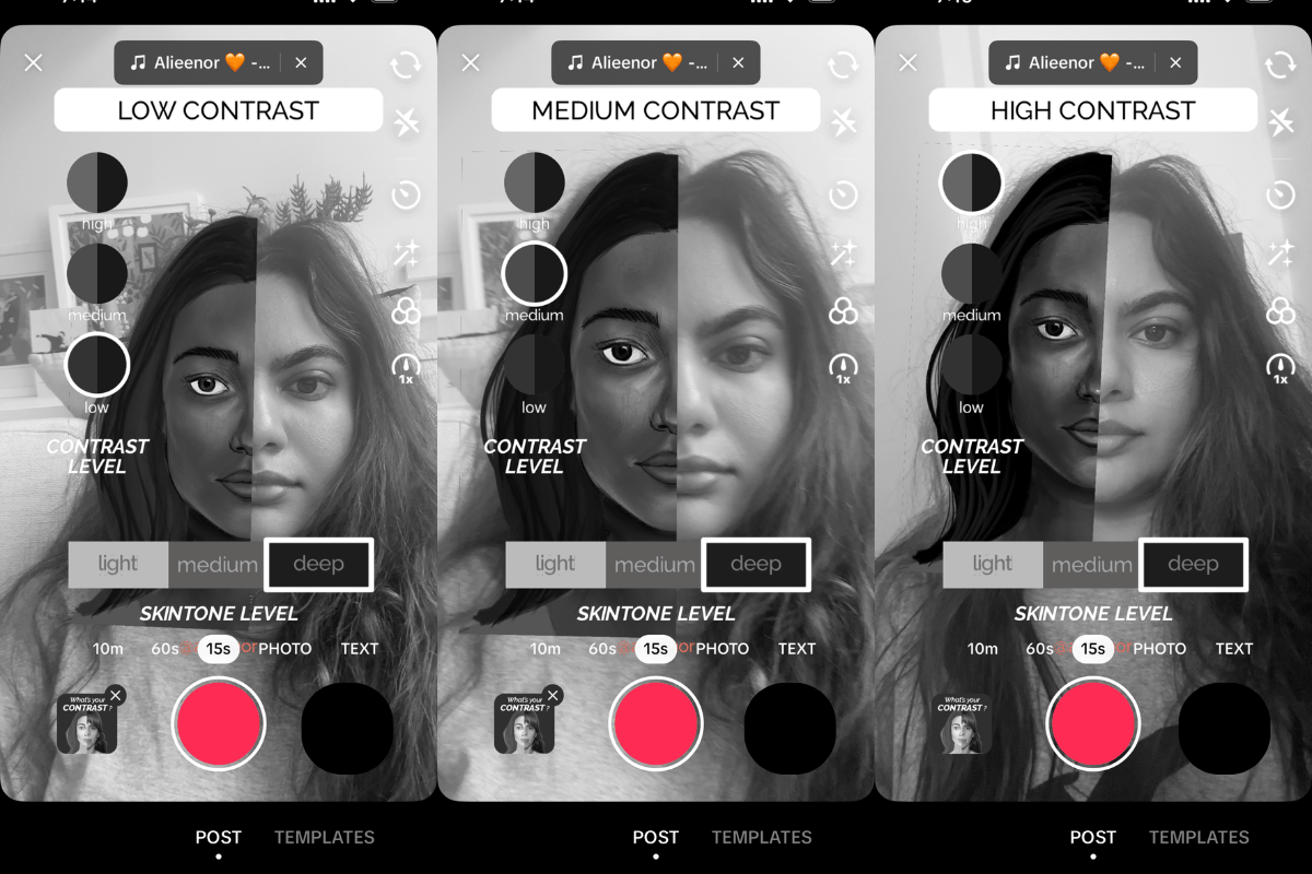 Contrast makeup theory filter — low, medium and High on a darker skintone.