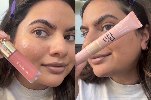 Em Vernem holding up the rare beauty blush and e.l.f halo glow highlighter.